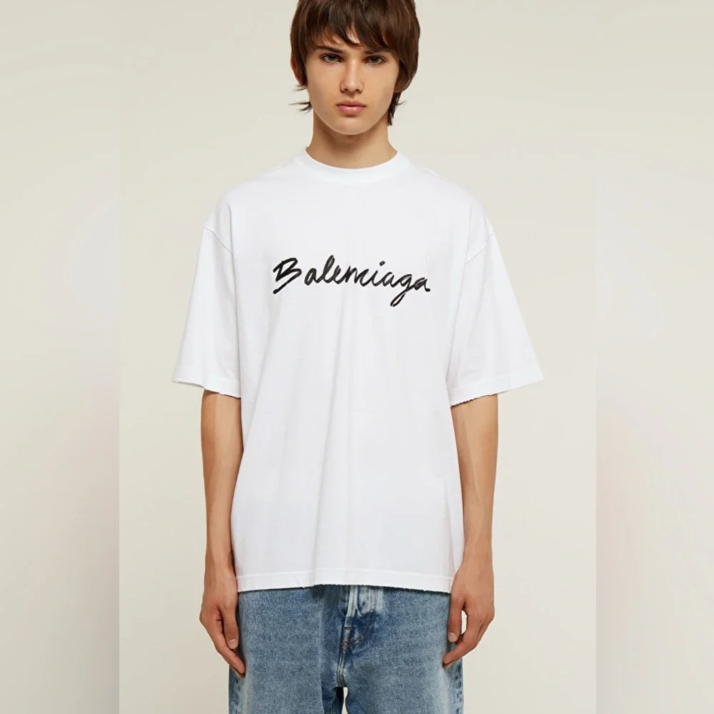 Like New Men’s Size Medium Balenciaga Oversized Logo Scripted T-shirt 100% White - Picture 4 of 14